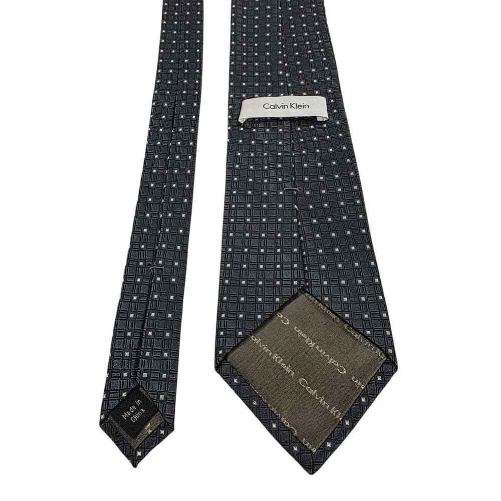 Calvin Klein‎ Silk Tie Men's Gray White Polka Dot Woven Luxury Designer Necktie
